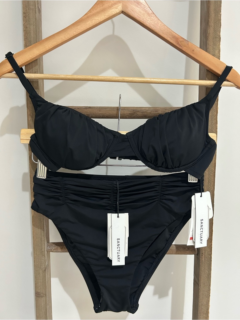 Sanctuary Black Beach Goddess Shirred Underwire Bikini High Rise Swimsuit NWT